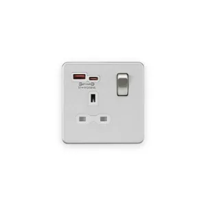 Knightsbridge 13A 1G SP Switched Socket with Dual USB A+C 12V DC 1.5A [Max. 18W] - Brushed Chrome w/White Insert