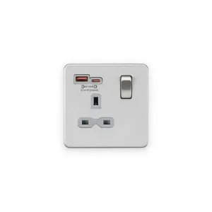 Knightsbridge 13A 1G SP Switched Socket with Dual USB A+C 12V DC 1.5A [Max. 18W] - Brushed Chrome with Grey Insert