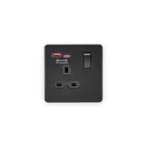 Knightsbridge 13A 1G SP Switched Socket With Dual USB A+C 12V DC 1.5A [Max. 18W] - Matt Black With Black Insert