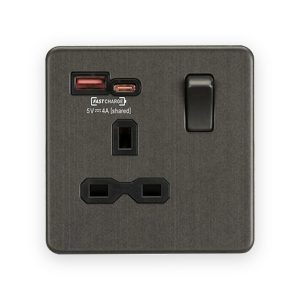 Knightsbridge 13A 1G SP Switched Socket with Dual USB A+C 12V DC 1.5A [Max. 18W] - Smoked Bronze with Black Insert