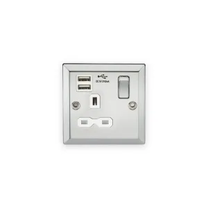 Knightsbridge 13A 1G Switched Socket Dual USB Charger Slots with White Insert - Bevelled Edge Polished Chrome