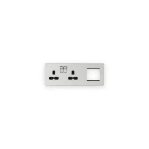 Knightsbridge SFR192LBC brushed chrome combination plate with black socket inserts on left and modular opening on right
