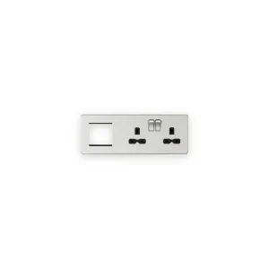 Knightsbridge SFR192RBC brushed chrome combination plate with black socket inserts on right and modular opening on left