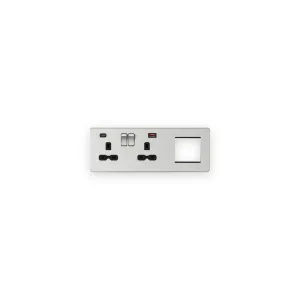Knightsbridge SFR992LBC brushed chrome with black inserts combination plate with USB A and C ports, sockets on left and modular opening on right