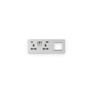Knightsbridge SFR992LBCG brushed chrome with grey inserts combination plate with USB A and C ports, sockets on left and modular opening on right
