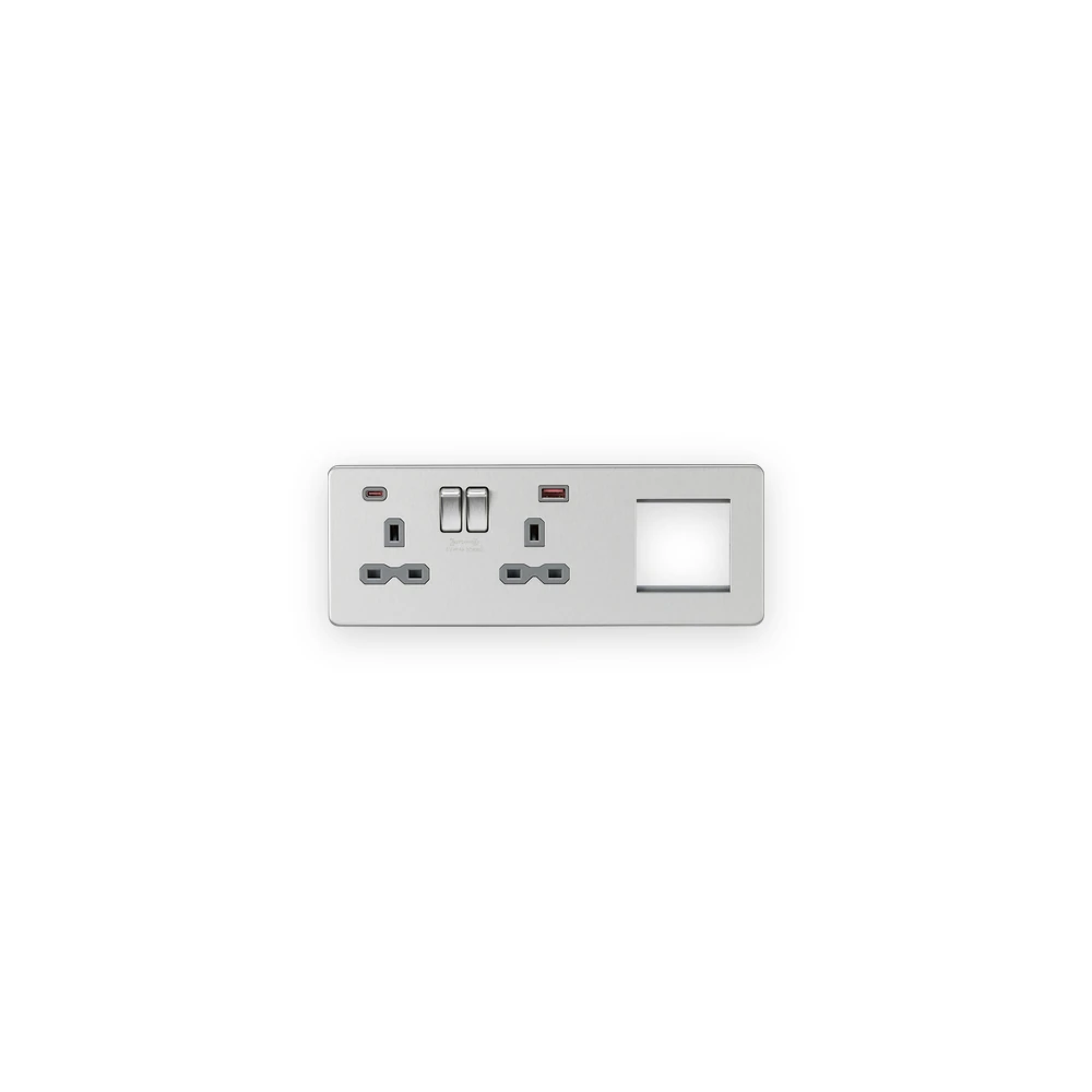Knightsbridge SFR992LBCG brushed chrome with grey inserts combination plate with USB A and C ports, sockets on left and modular opening on right Knightsbridge SFR992LBCG brushed chrome with grey inserts combination plate with USB A and C ports, sockets on left and modular opening on right