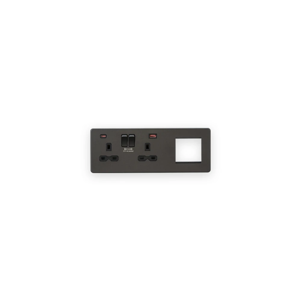 Knightsbridge SFR992LSB smoked bronze with black inserts USB A and C combination plate with sockets on left and modular opening on right Knightsbridge SFR992LSB smoked bronze with black inserts USB A and C combination plate with sockets on left and modular opening on right