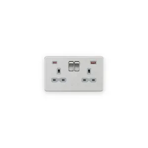 Knightsbridge 13A 2G DP Switched Socket with Dual USB A+C 20V DC 2.25A (Max. 45W) - Brushed Chrome w/Grey Insert