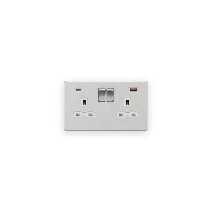 Knightsbridge SFR9945BCW brushed chrome double switched socket with white inserts and USB A and C ports