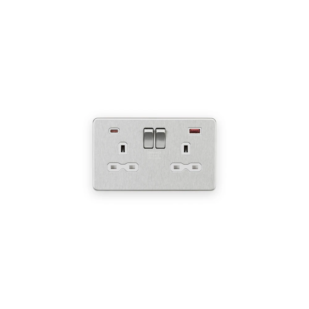 Knightsbridge SFR9945BCW brushed chrome double switched socket with white inserts and USB A and C ports Knightsbridge SFR9945BCW brushed chrome double switched socket with white inserts and USB A and C ports