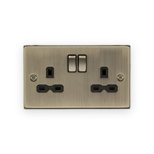 Knightsbridge 13A 2G DP Switched Socket With Twin Earths - Antique Brass With Black Insert
