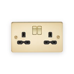 Knightsbridge 13A 2G DP Switched Socket With Twin Earths - Polished Brass With Black Insert