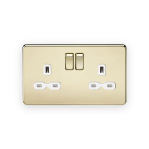 Knightsbridge 13A 2G DP Switched Socket with Twin Earths - Polished Brass with White Insert
