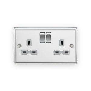 Knightsbridge 13A 2G DP Switched Socket with Twin Earths - Polished Chrome with Grey Insert