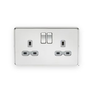 Knightsbridge 13A 2G DP Switched Socket With Twin Earths - Polished Chrome With Grey Insert