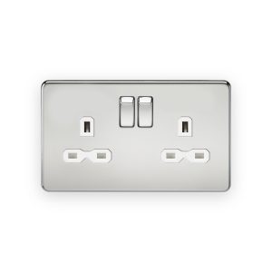 Knightsbridge 13A 2G DP Switched Socket with Twin Earths - Polished Chrome with White Insert