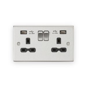 Knightsbridge 13A 2G SP Switched Socket With Dual USB A+A (5V DC 2.4A Shared) - Brushed Chrome With Black Insert - CS9224BC
