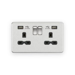 Knightsbridge 13A 2G SP Switched Socket With Dual USB A+A (5V DC 2.4A Shared) - Brushed Chrome With Black Insert