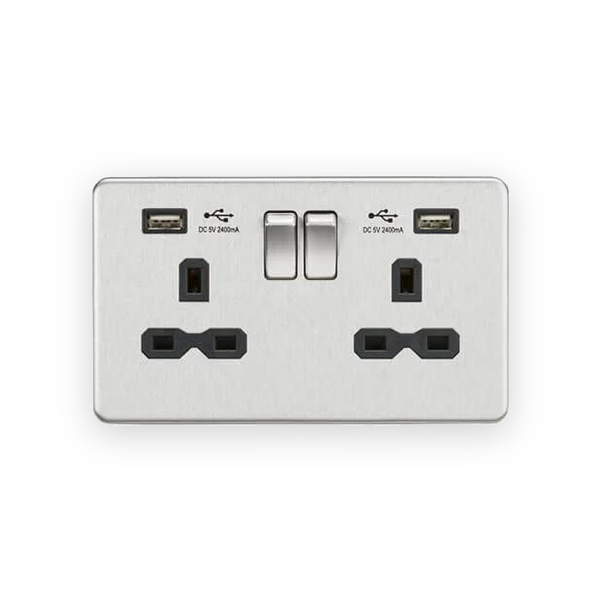 knightsbridge-13a-2g-sp-switched-socket-with-dual-usb-a-a-5v-dc-2-4a-shared-brushed-chrome-with-black-insert-sfr9224bc Knightsbridge 13A 2G SP Switched Socket With Dual USB A+A (5V DC 2.4A Shared) - Brushed Chrome With Black Insert