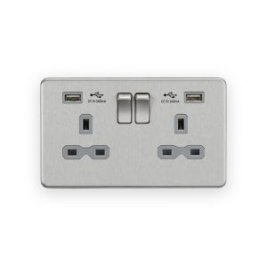 Knightsbridge 13A 2G SP Switched Socket With Dual USB A+A (5V DC 2.4A Shared) - Brushed Chrome With Grey Insert