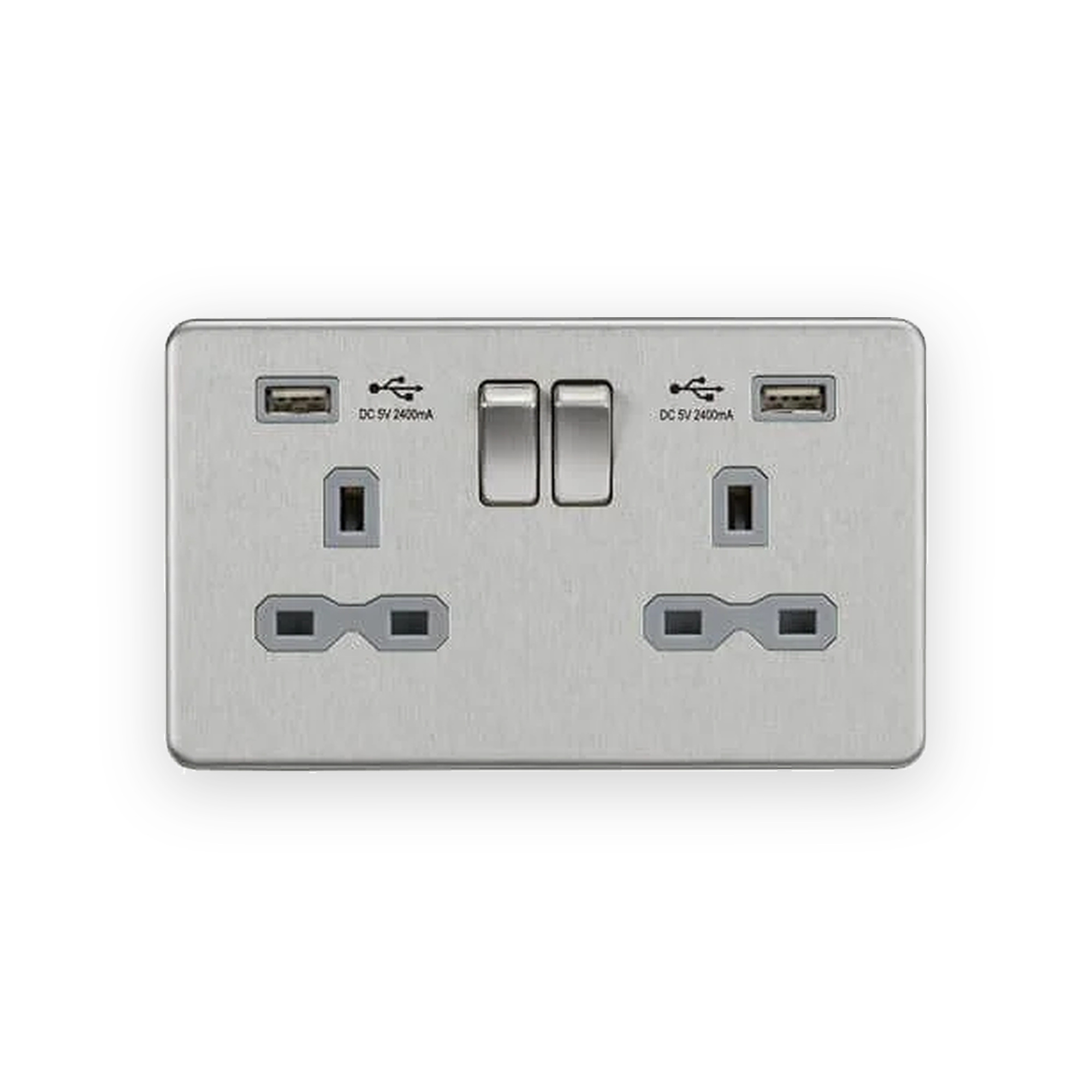 knightsbridge-13a-2g-sp-switched-socket-with-dual-usb-a-a-5v-dc-2-4a-shared-brushed-chrome-with-grey-insert-sfr9224bcg Knightsbridge 13A 2G SP Switched Socket With Dual USB A+A (5V DC 2.4A Shared) - Brushed Chrome With Grey Insert