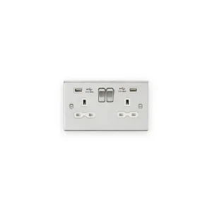 Knightsbridge 13A 2G SP Switched Socket With Dual USB A+A (5V DC 2.4A Shared) - Brushed Chrome With White Insert