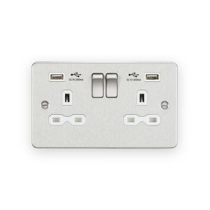 Knightsbridge 13A 2G SP Switched Socket With Dual USB A+A (5V DC 2.4A Shared) - Brushed Chrome With White Insert