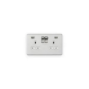 Knightsbridge 13A 2G SP Switched Socket with Dual USB A+A (5V DC 2.4A shared) - Brushed Chrome with White Insert