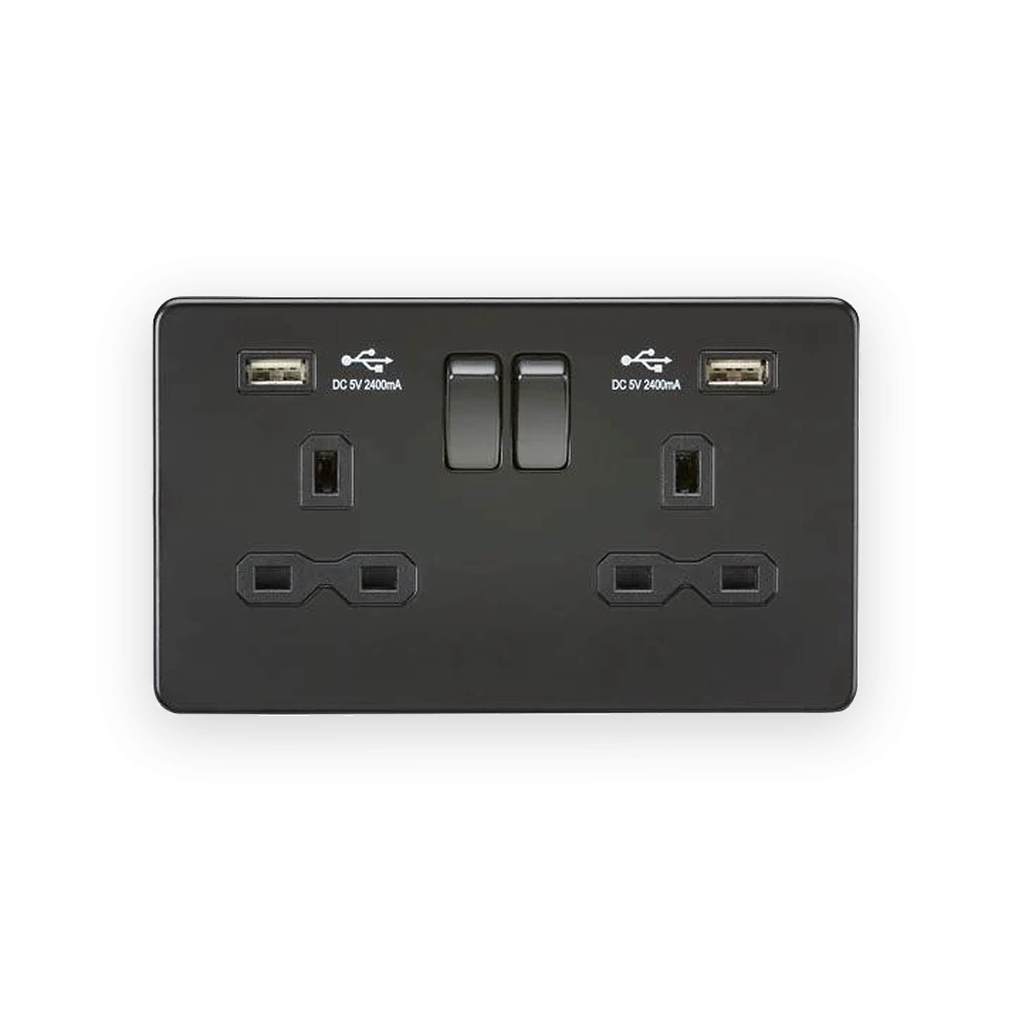knightsbridge-13a-2g-sp-switched-socket-with-dual-usb-a-a-5v-dc-2-4a-shared-matt-black-with-black-insert-sfr9224mbb Knightsbridge 13A 2G SP Switched Socket With Dual USB A+A (5V DC 2.4A shared) - Matt Black With Black Insert
