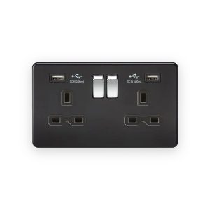 Knightsbridge 13A 2G SP Switched Socket With Dual USB A+A (5V DC 2.4A Shared) - Matt Black With Chrome Rockers