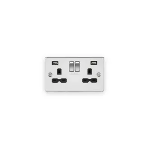 Knightsbridge 13A 2G SP Switched Socket with Dual USB A+A (5V DC 2.4A shared) - Polished Chrome with Black Insert