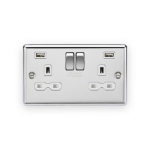 Knightsbridge 13A 2G SP Switched Socket with Dual USB A+A (5V DC 2.4A shared) - Polished Chrome with White Insert