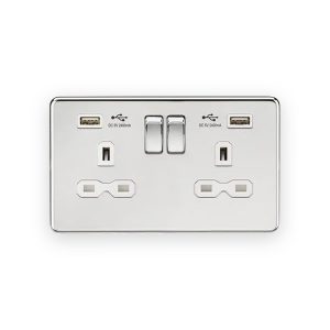 Knightsbridge 13A 2G SP Switched Socket With Dual USB A+A (5V DC 2.4A Shared) - Polished Chrome With White Insert