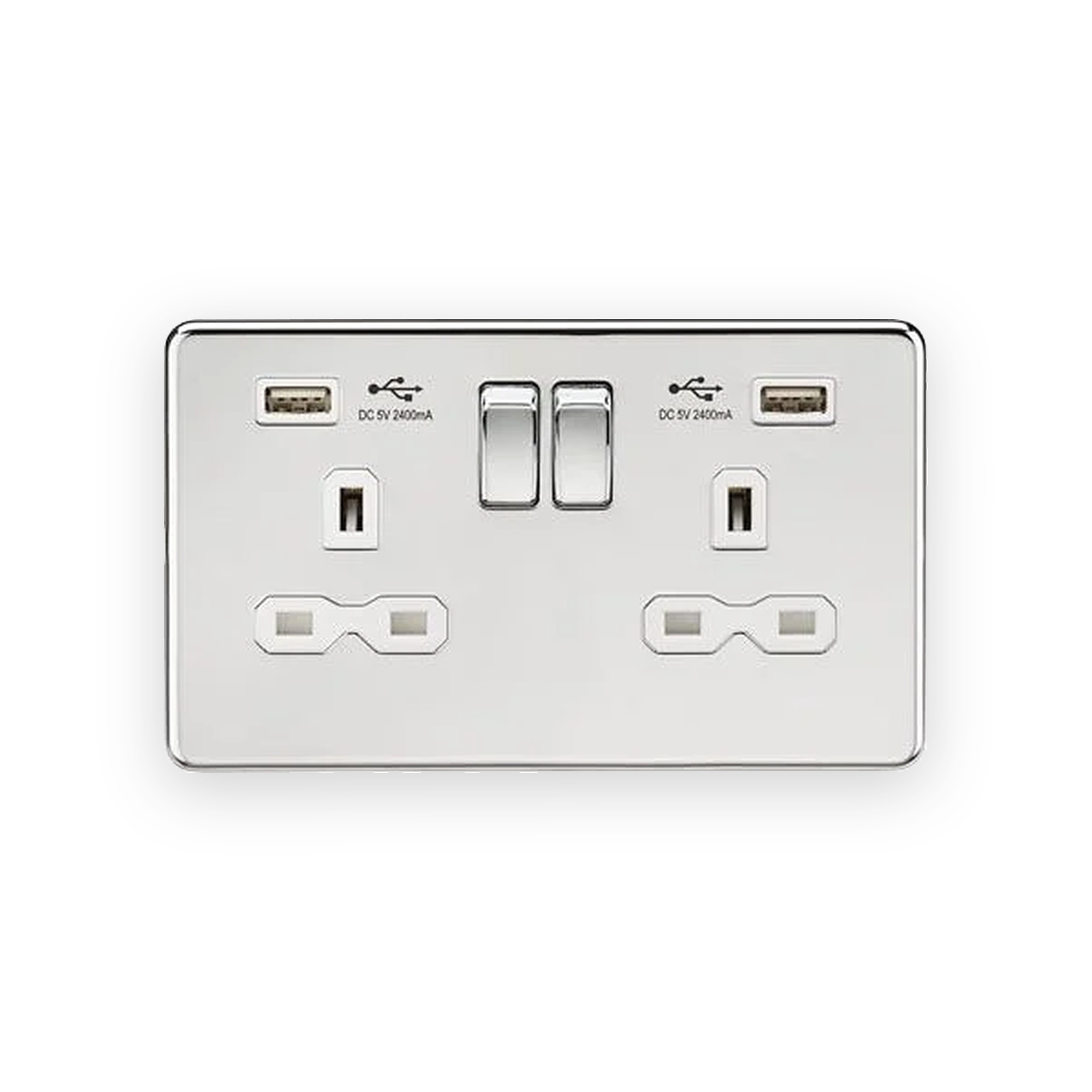 knightsbridge-13a-2g-sp-switched-socket-with-dual-usb-a-a-5v-dc-2-4a-shared-polished-chrome-with-white-insert-sfr9224pcw Knightsbridge 13A 2G SP Switched Socket With Dual USB A+A (5V DC 2.4A Shared) - Polished Chrome With White Insert