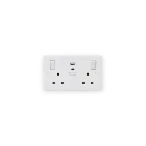 Knightsbridge SN9003 white double switched socket with outboard rockers and USB A and USB C charging ports