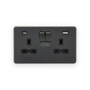Knightsbridge 13A 2G SP Switched Socket with Dual USB A+C (5V DC 4.0A shared) - Anthracite with Black Insert