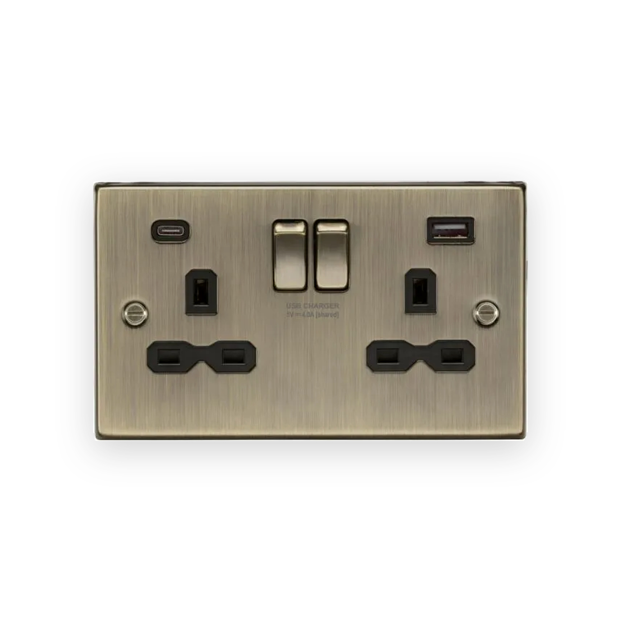 knightsbridge-13a-2g-sp-switched-socket-with-dual-usb-a-c-5v-dc-4-0a-shared-antique-brass-with-black-insert-cs9940ab-gallery-01 Knightsbridge 13A 2G SP Switched Socket with Dual USB A+C (5V DC 4.0A shared) - Antique Brass with Black Insert