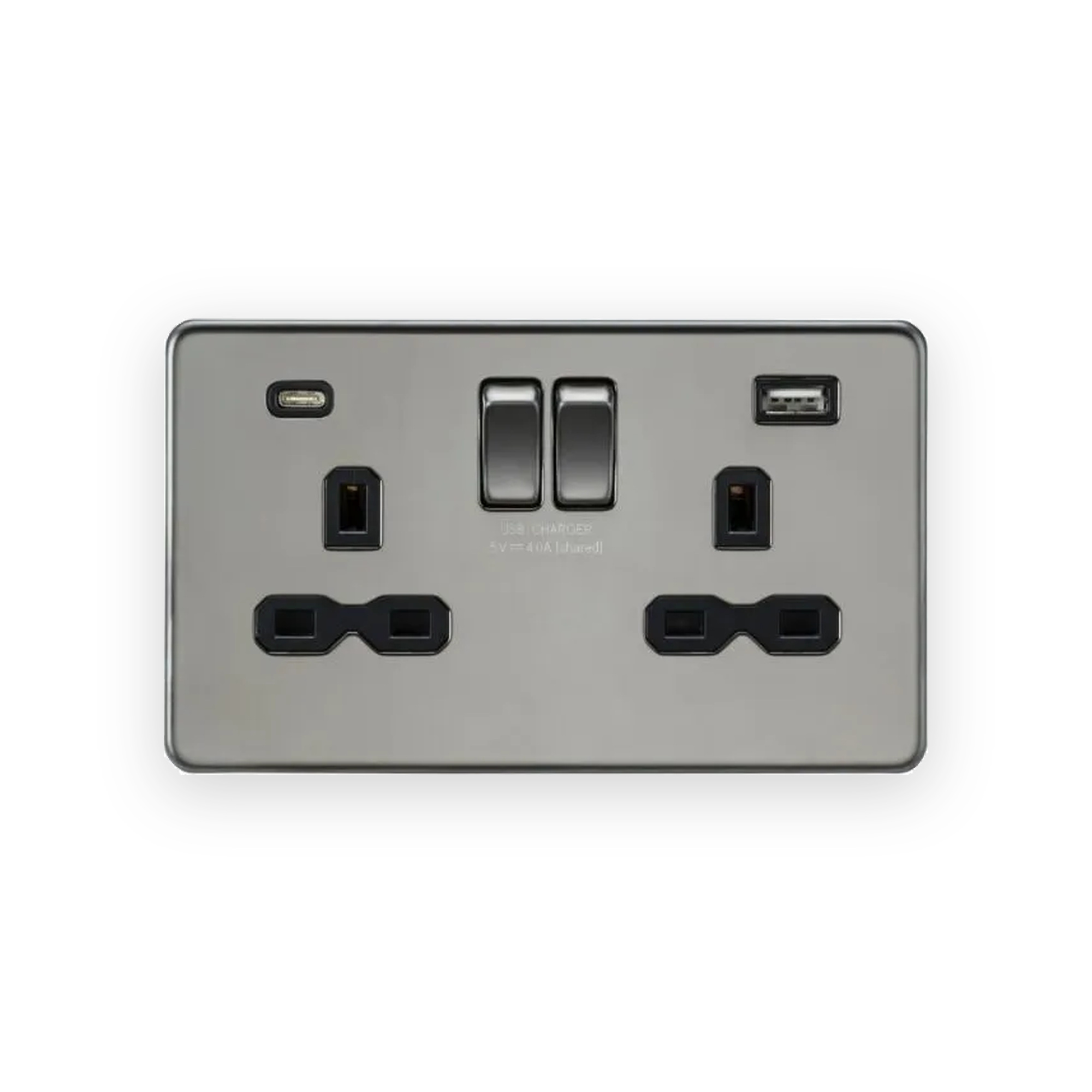 knightsbridge-13a-2g-sp-switched-socket-with-dual-usb-a-c-5v-dc-4-0a-shared-black-nickel-with-black-insert-sfr9940bn-gallery-01 Knightsbridge 13A 2G SP Switched Socket with Dual USB A+C (5V DC 4.0A shared) - Black Nickel With Black Insert
