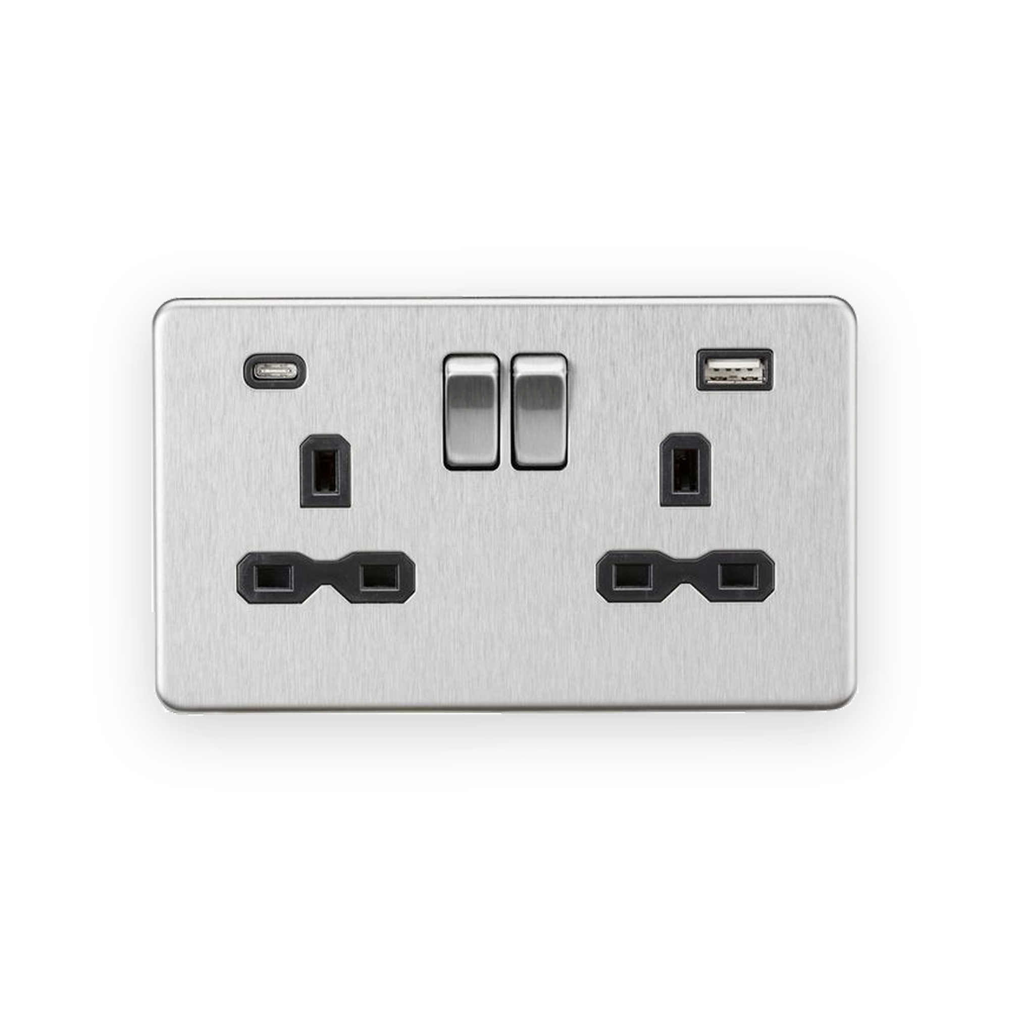 knightsbridge-13a-2g-sp-switched-socket-with-dual-usb-a-c-5v-dc-4-0a-shared-brushed-chrome-with-black-insert-sfr9940bc-gallery-01 Knightsbridge 13A 2G SP Switched Socket with Dual USB A+C (5V DC 4.0A shared) - Brushed Chrome with Black Insert
