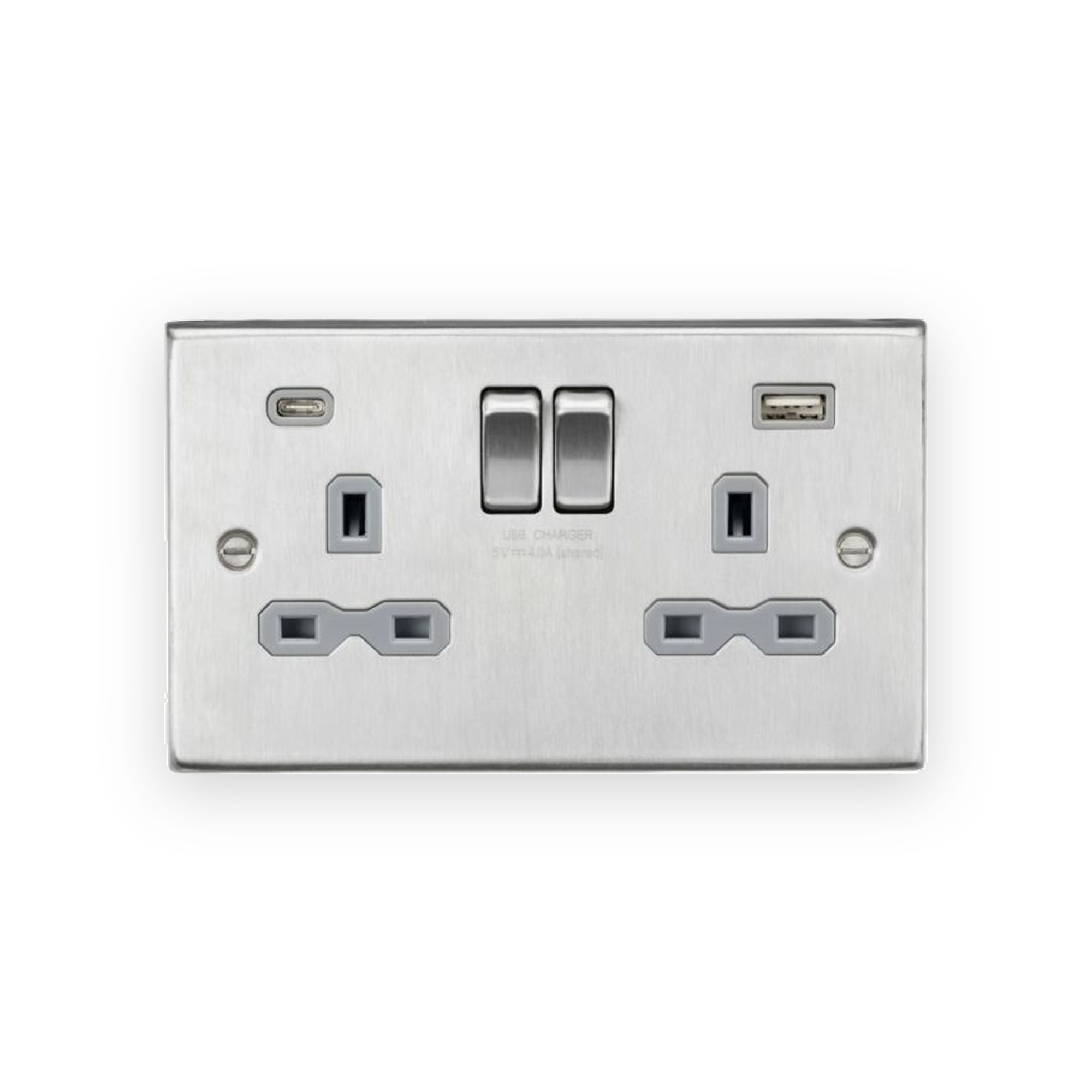 knightsbridge-13a-2g-sp-switched-socket-with-dual-usb-a-c-5v-dc-4-0a-shared-brushed-chrome-with-grey-insert-cs9940bcg-gallery-01 Knightsbridge 13A 2G SP Switched Socket with Dual USB A+C (5V DC 4.0A shared) - Brushed Chrome with Grey Insert