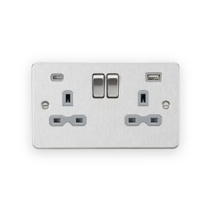 Knightsbridge 13A 2G SP Switched Socket with Dual USB A+C (5V DC 4.0A shared) - Brushed Chrome with Grey Insert