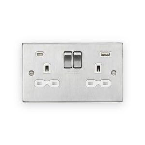 Knightsbridge 13A 2G SP Switched Socket with Dual USB A+C (5V DC 4.0A shared) - Brushed Chrome with White Insert