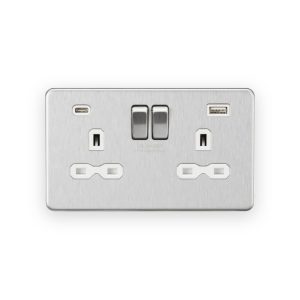 Knightsbridge 13A 2G SP Switched Socket with Dual USB A+C (5V DC 4.0A shared) - Brushed Chrome with White Insert
