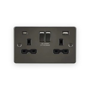 Knightsbridge 13A 2G SP Switched Socket with Dual USB A+C (5V DC 4.0A shared) - Gunmetal with Black Insert