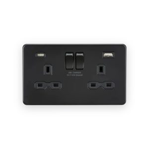 Knightsbridge 13A 2G SP Switched Socket with Dual USB A+C (5V DC 4.0A shared) - Matt Black with Black Insert