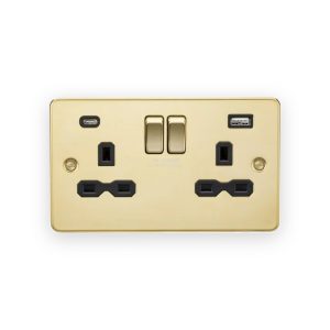 Knightsbridge 13A 2G SP Switched Socket with Dual USB A+C (5V DC 4.0A shared) - Polished Brass with Black Insert