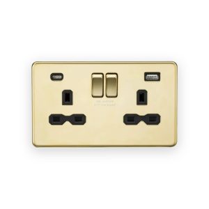 Knightsbridge 13A 2G SP Switched Socket with Dual USB A+C (5V DC 4.0A shared) - Polished Brass with Black Insert