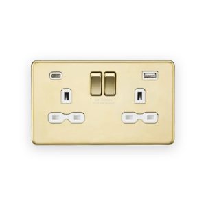 Knightsbridge 13A 2G SP Switched Socket with Dual USB A+C (5V DC 4.0A shared) - Polished Brass with White Insert
