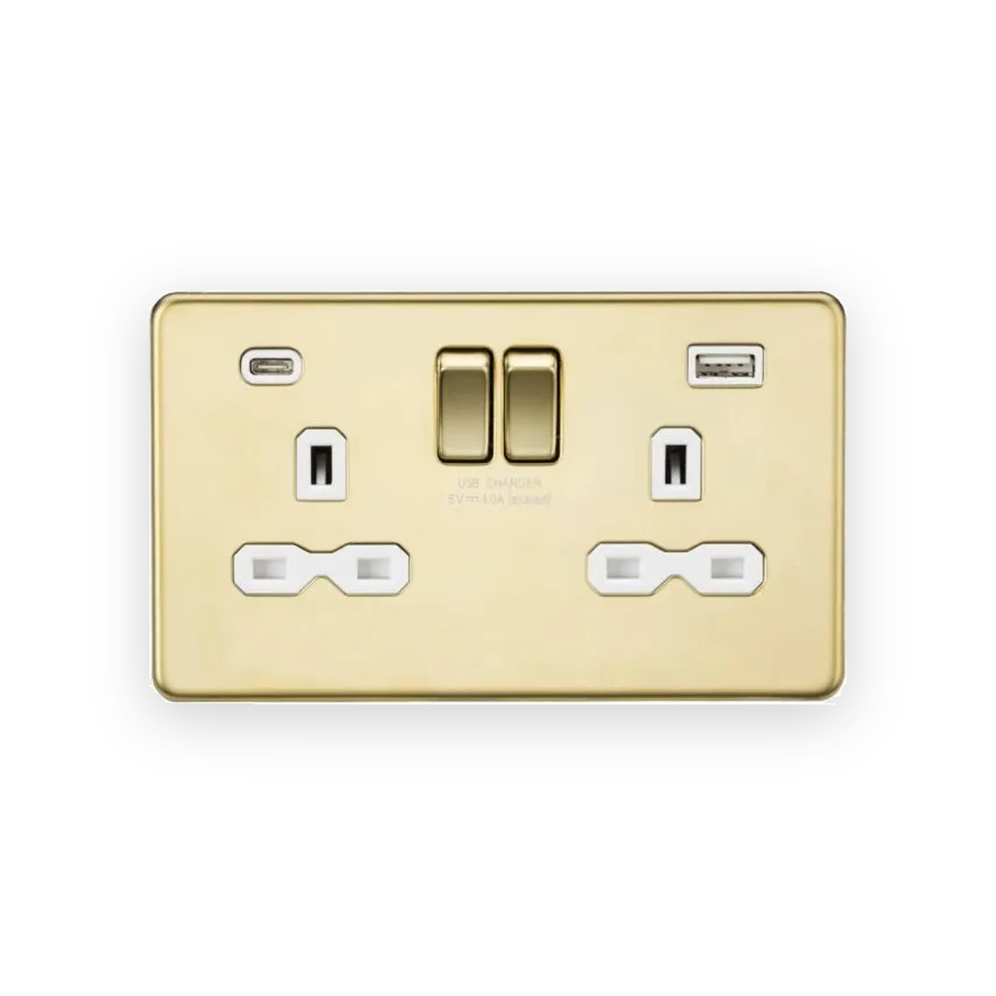 knightsbridge-13a-2g-sp-switched-socket-with-dual-usb-a-c-5v-dc-4-0a-shared-polished-brass-with-white-insert-sfr9940pbw-gallery-01 Knightsbridge 13A 2G SP Switched Socket with Dual USB A+C (5V DC 4.0A shared) - Polished Brass with White Insert