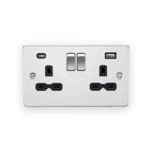 Knightsbridge 13A 2G SP Switched Socket with Dual USB A+C (5V DC 4.0A shared) - Polished Chrome with Black Insert